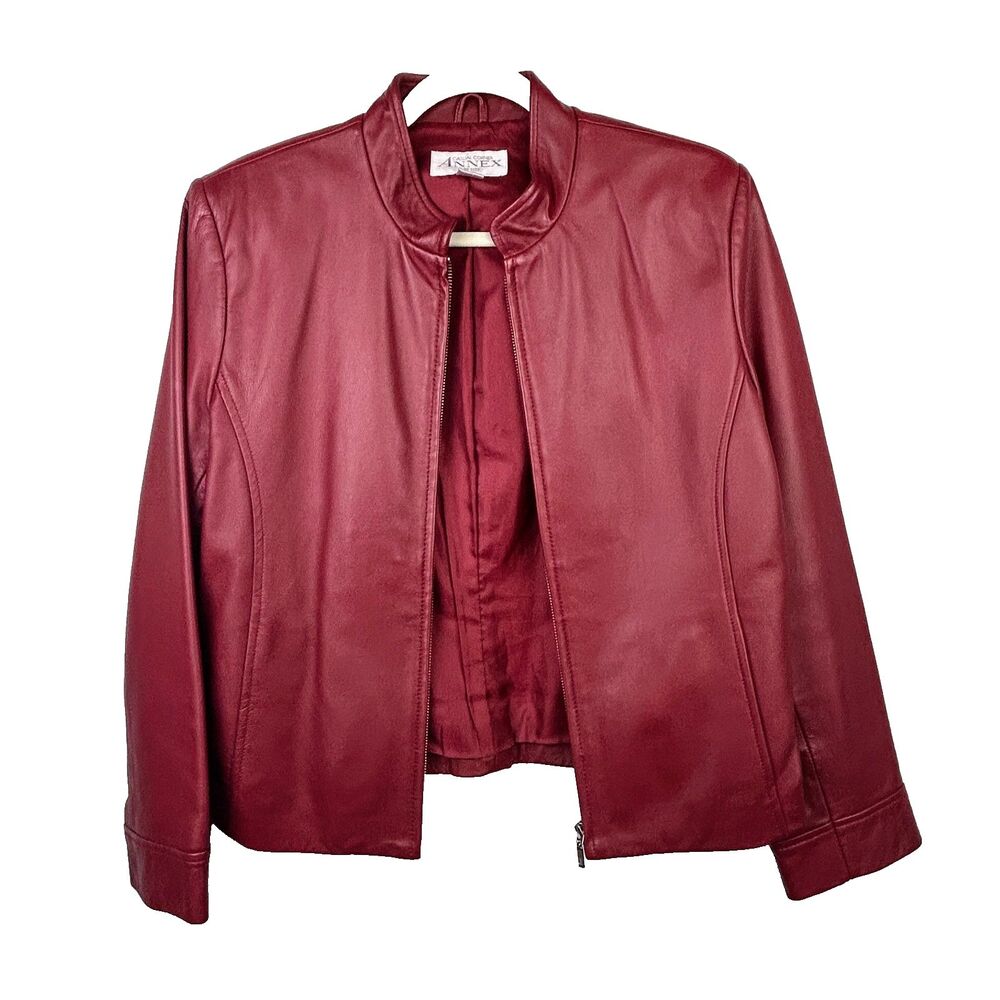 Casual Corner Annex Petite 90's Red Leather Jacket Zip Front Racing Lined M - Picture 2 of 16